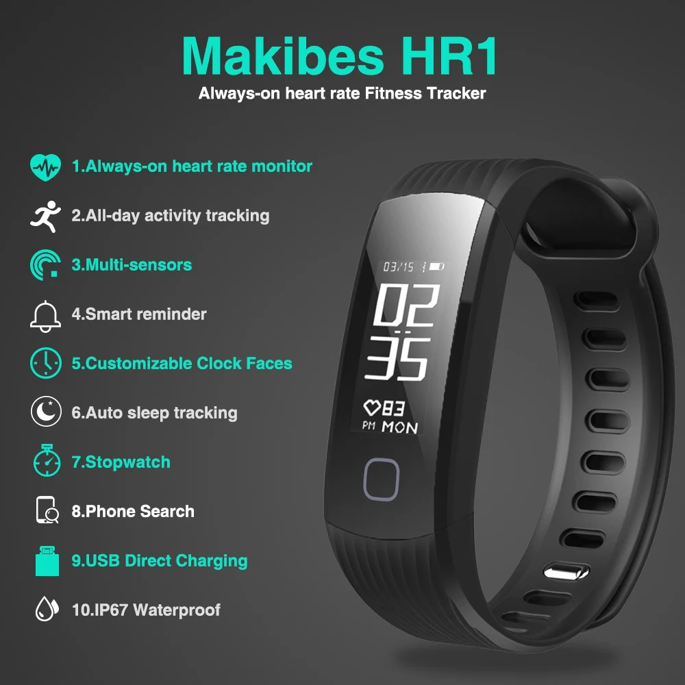 Makibes HR1 Bluetooth Smart Браслет Фитнес трекер Непрерывный монитор сердечного ритма 0 96