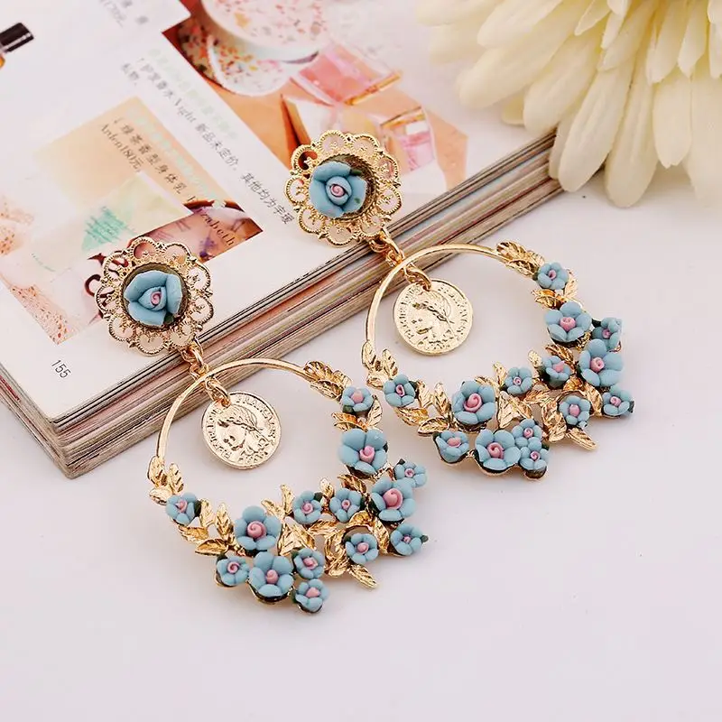 KUNIU 1 Пара висячие серьги зеленый розовый синий цвет Золотая монета круглые