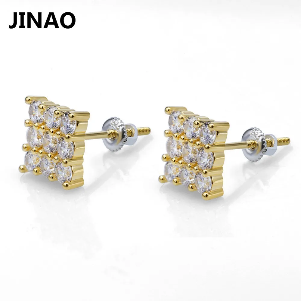 JINAO Мода льдом Кристальные серьги гвоздики с камнем глянцевый золотистый