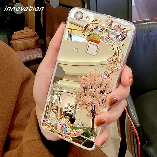 Gold flower Для чехла iphone 5S алмазные Стразы, зеркальный чехол для телефона, задняя крышка для iphone X 8 6 6S 7 Plus XR XS Max, кольцо, подставка, держатель для пальца - Цвет: Gold flower