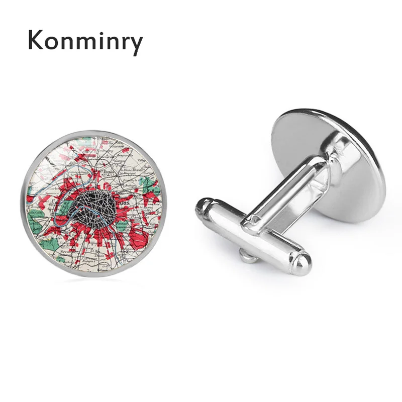 silver Konminry Винтаж Париж, Франция карта Запонки Красный зеленый компас узор Круглый Стекло Подвески Для мужчин рубашка костюм Запонки Свадьба - Окраска металла: silver