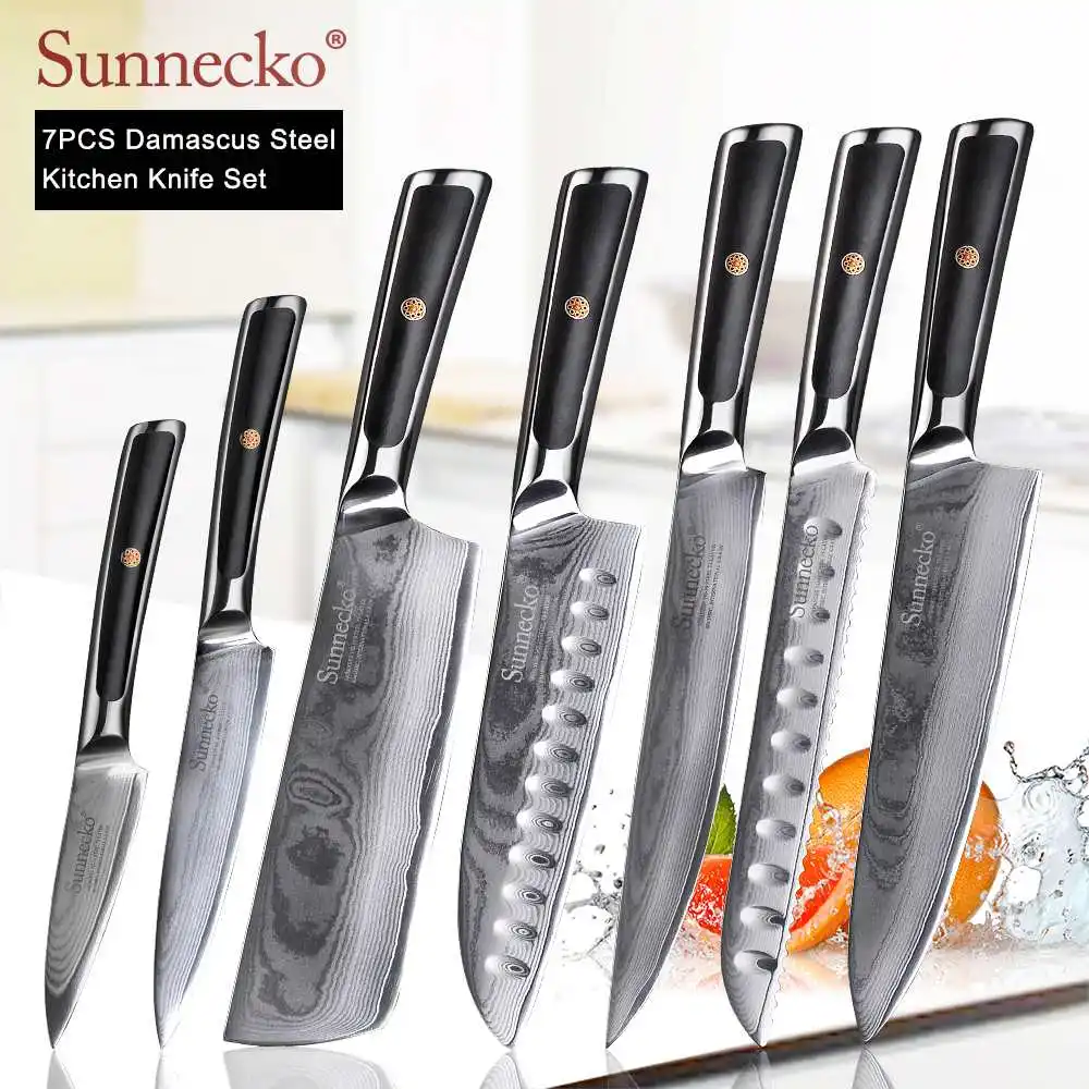 7pcs Set SUNNECKO дамасский нож шеф-повара для очистки хлеба Santoku нож для стейка японский VG10 Сталь G10 ручка для резки мяса набор кухонных ножей - Цвет: 7pcs Set