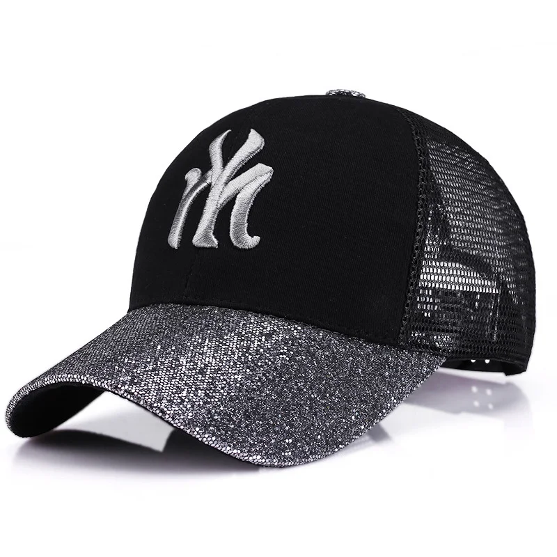QIXINCAT New Fashion Shiny Glett Women Summer Sports Outdoors Adjustable Mesh Baseball Cap NY Embroidery High Quality Punk Hat - Цвет: Gray