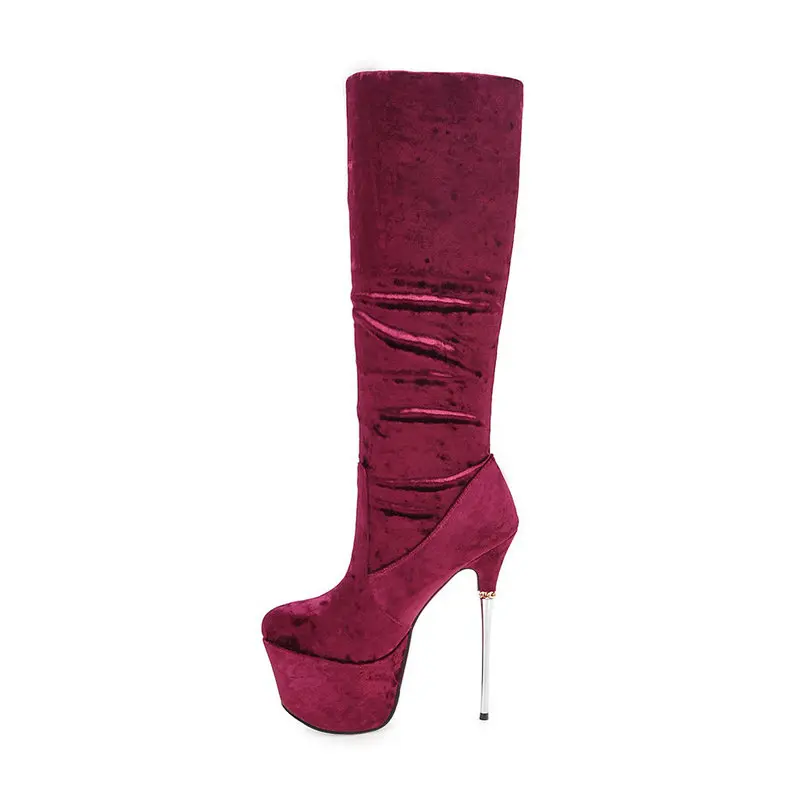 Women boots model Dance Nightclub Boots 16CM Extreme High Heel Metal Heels Platform flock mid-calf Thigh High Boots size 42 43