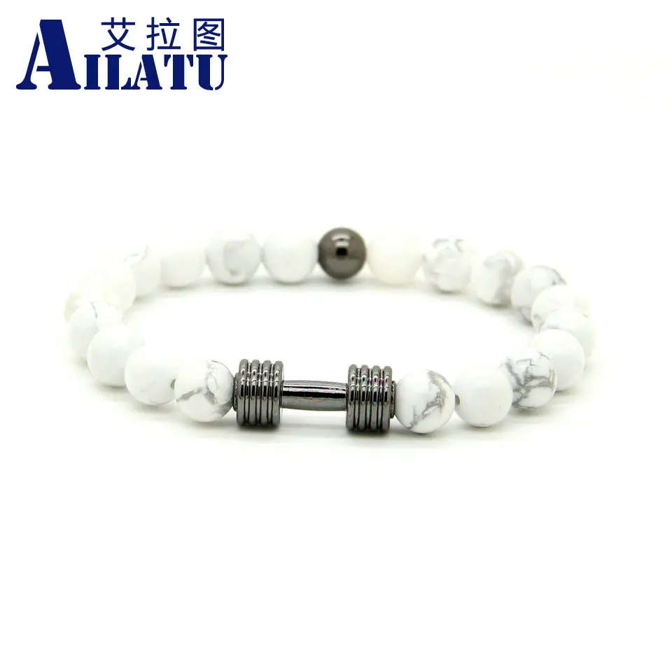 Ailatu оптовая продажа металла Новый штанга и 8 мм белый Howlite мраморный камень фитнес