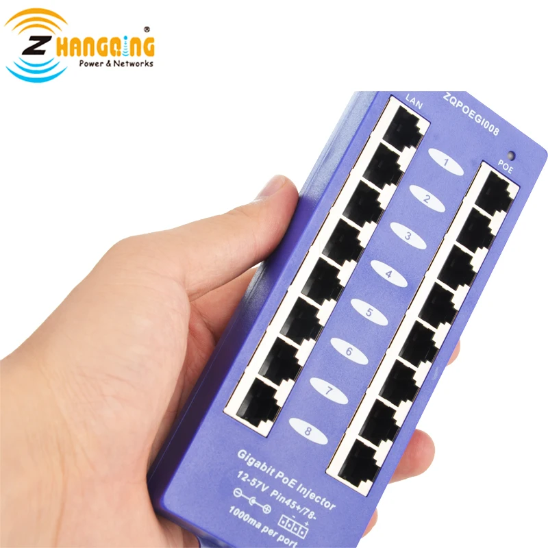 8Port Gigabit PoE Injetor Blue Color Wall Mount Mode B Passive PoE Panel security for IP Camera, Any 24V 48V networking devices