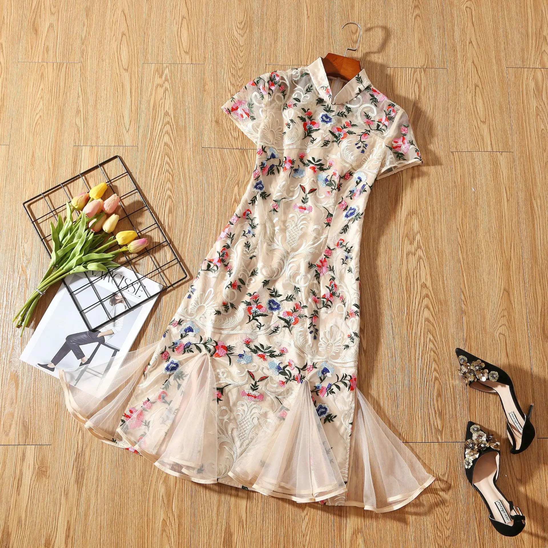 

Floral embroidery Chinese vintage Qipao mermaid dress