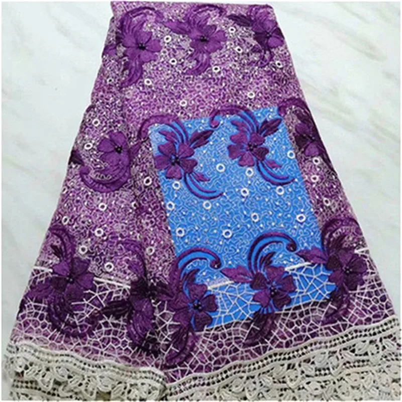 Красивая кружевная ткань с объемными цветочными бусинами цвет королевский синий