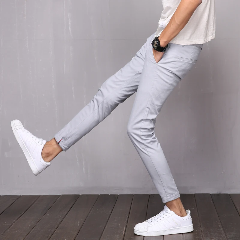 YINOS High Stretch Casual Men Pants Solid Color Ankle-Length Skinny Slim Spring Summer Black White Trousers Homme Pant 2017 | Мужская