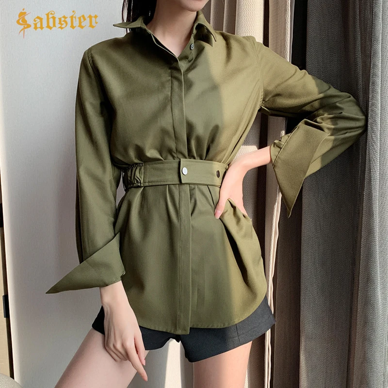 Women Fashion Army Green Blouse 2019 Summer Long Sleeve Women Blouses Shirt Ladies Casual Tops Blusas XZ291