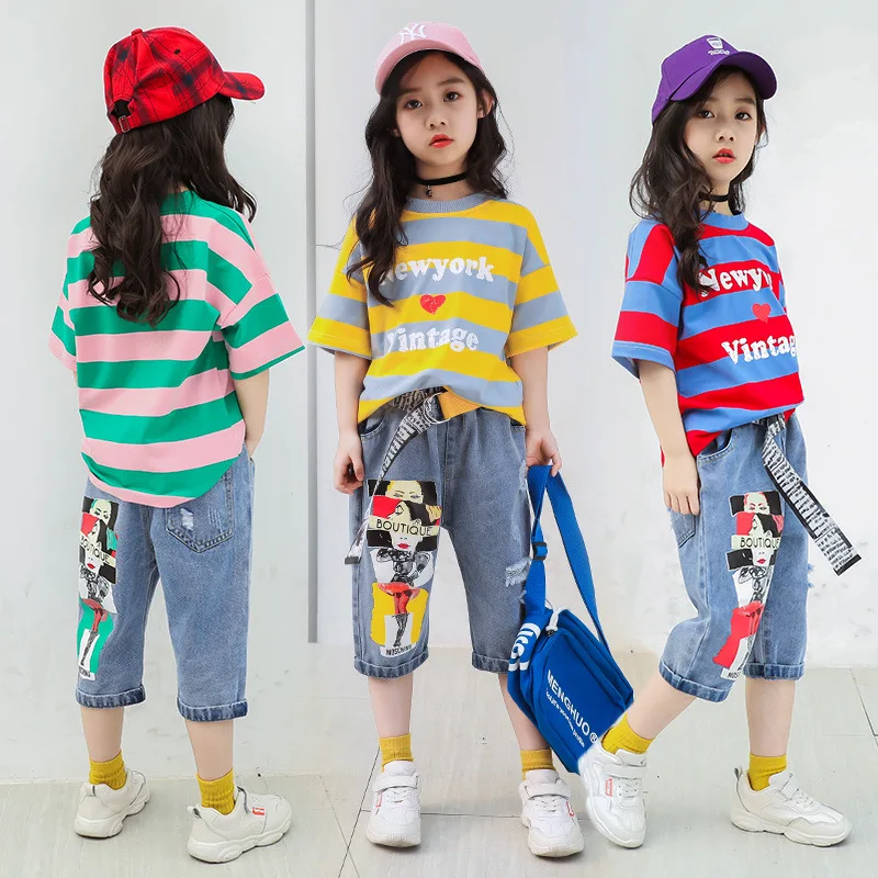 

Girls Summer Clothes 2019 Summer Boutique Outfits Kids Clothing Set Toddler Children Striped T-shirt + Denim Capri pants