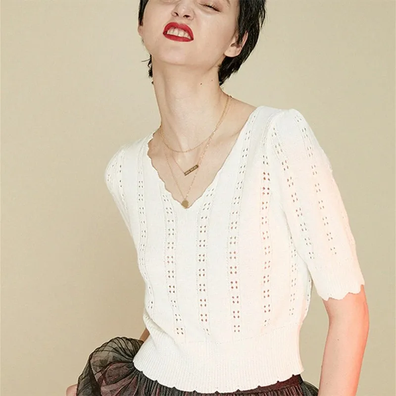 BARESKIY2019 new spring half sleeve solid color women's knit casual short-sleeved shirt V-neck slim stretch sweater | Женская одежда