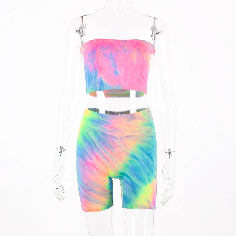 Chicology tie dye crop boob tube top high waist biker shorts female 2 two piece set summer sexy women clothing club outfit