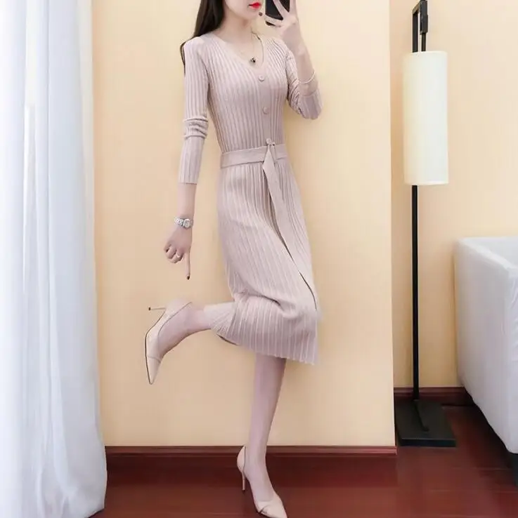 Женское трикотажное платье повседневное облегающее с длинным рукавом и высокой