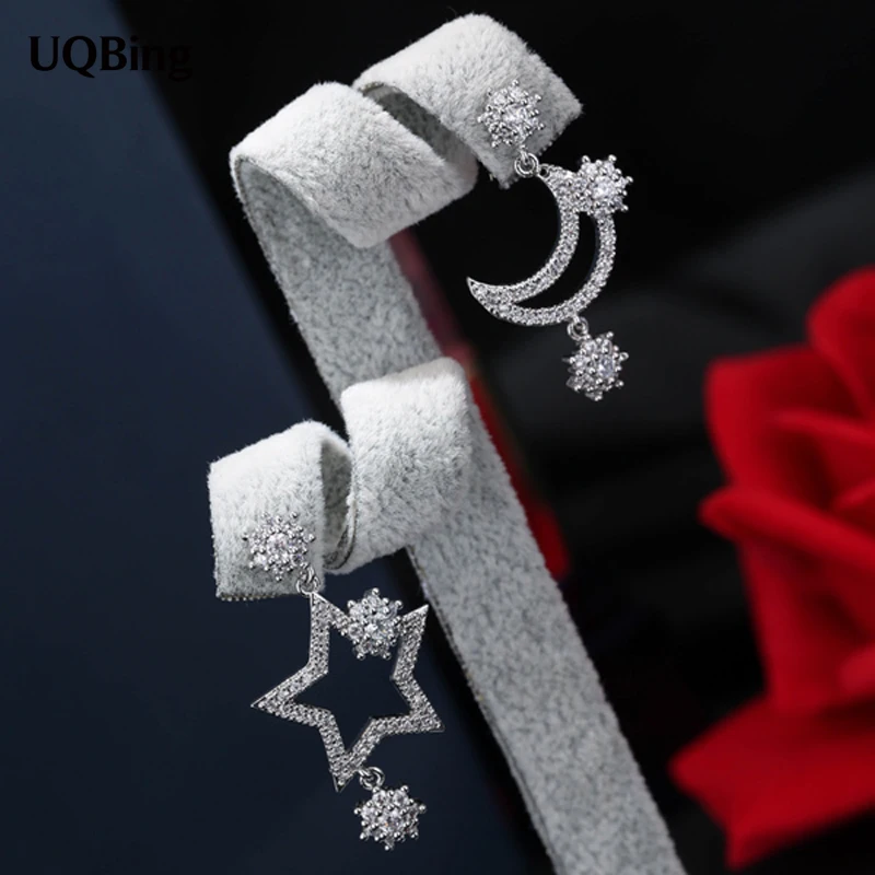 Хрустальные циркониевые серьги гвоздики с Луной и звездой модные из