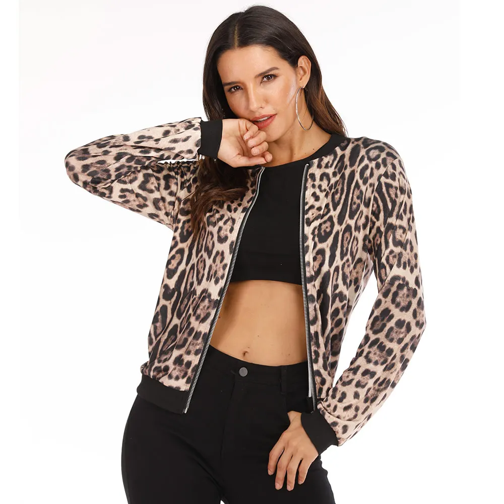 leopard Розовые леопардовые весенние женские куртки размера плюс, Короткое женское пальто на молнии, Chaqueta, с длинным рукавом, в горошек, Женская куртка-бомбер - Цвет: leopard