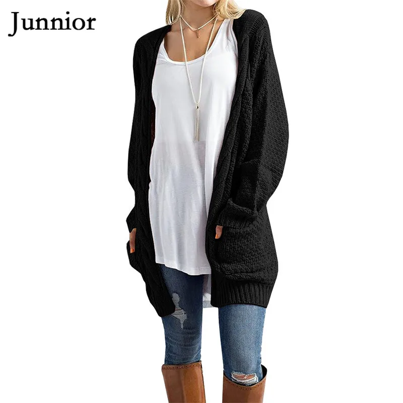 Loose Open Front Knit Sweater Women Long Sleeve Sweaters Solid Color Cardigans with Two Packets |