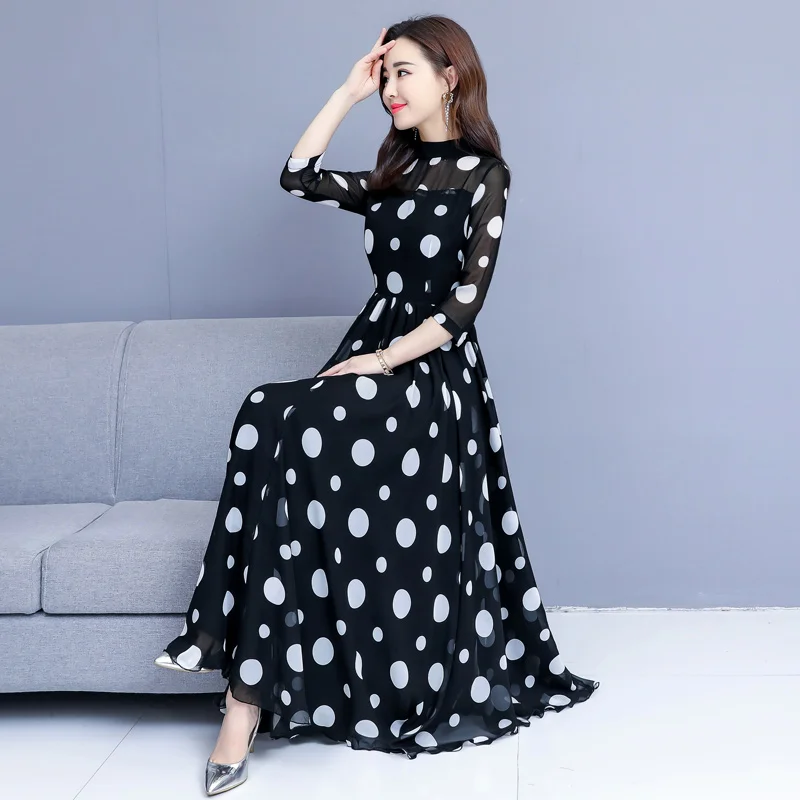 2019 весенне-летнее винтажное Черное женское платье длиной до щиколотки шифоновая