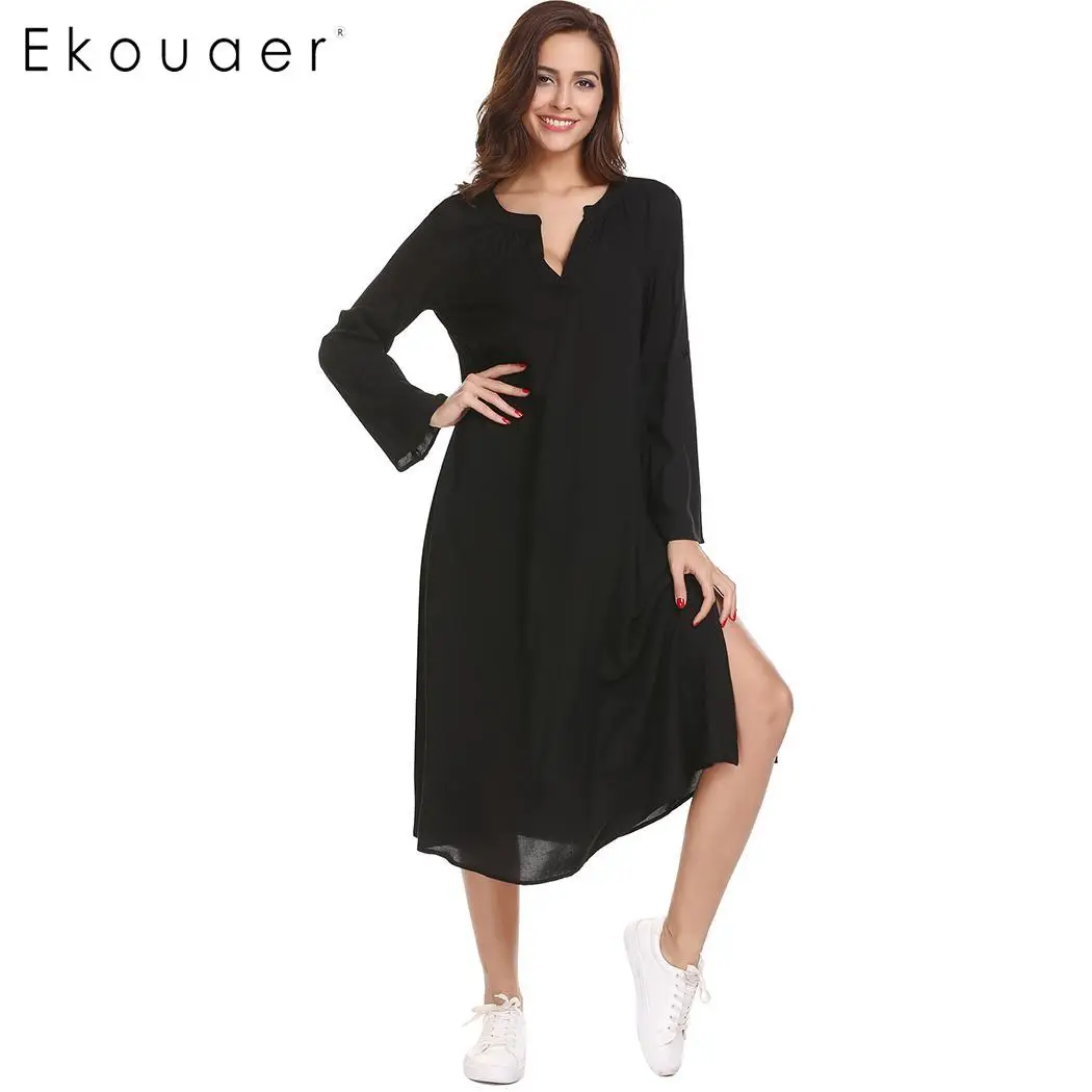Ekouaer ночная рубашка с длинным рукавом для женщин вырезом Расклешенным осенняя