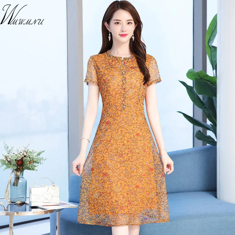 Women Summer Vintage Dress Elegant Floral Printed A-line Mom's Large size Female Chiffon Slim fit Short sleeve Dresses | Женская