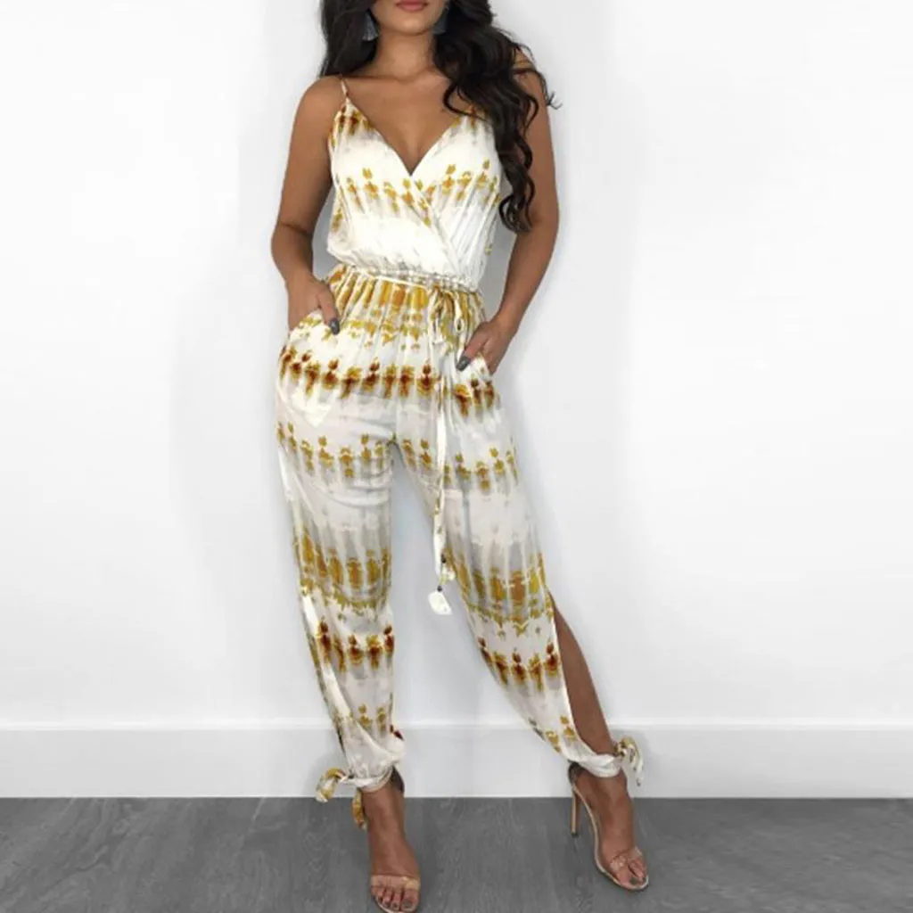 Женский модный летний комбинезон на тонких бретельках со шнуровкой с принтом