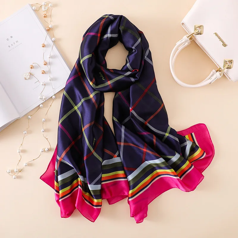

2022 Fashion Plaid Silk Scarf Luxury Women Brand Scarves for Women Shawl High Quality Hijab Wrap 180*90CM