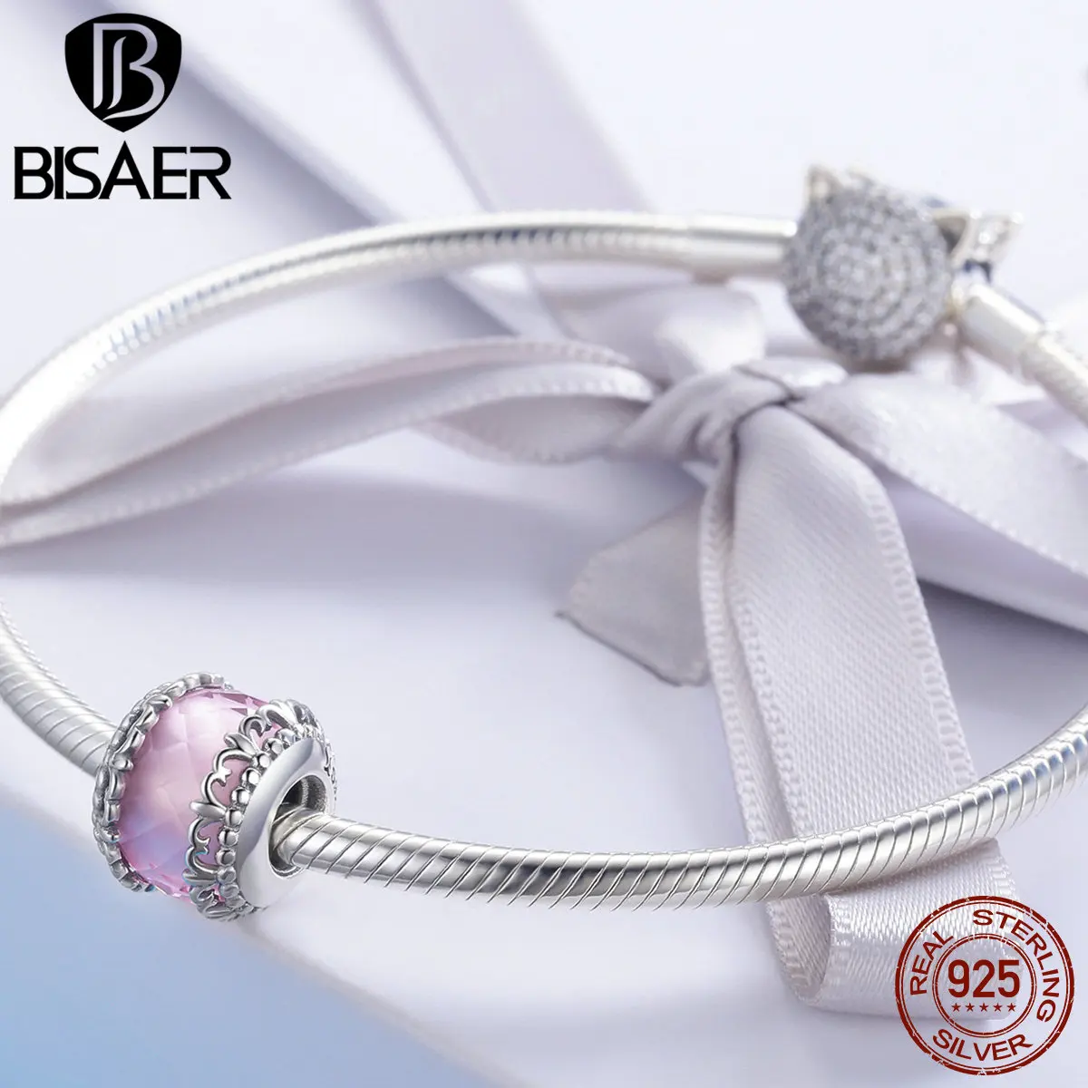 BISAER Genuine 925 Sterling Silver Pink Crystal Lily Flower Iris Brand Beads Charm Women Bracelet Jewelry HSC711 | Украшения и