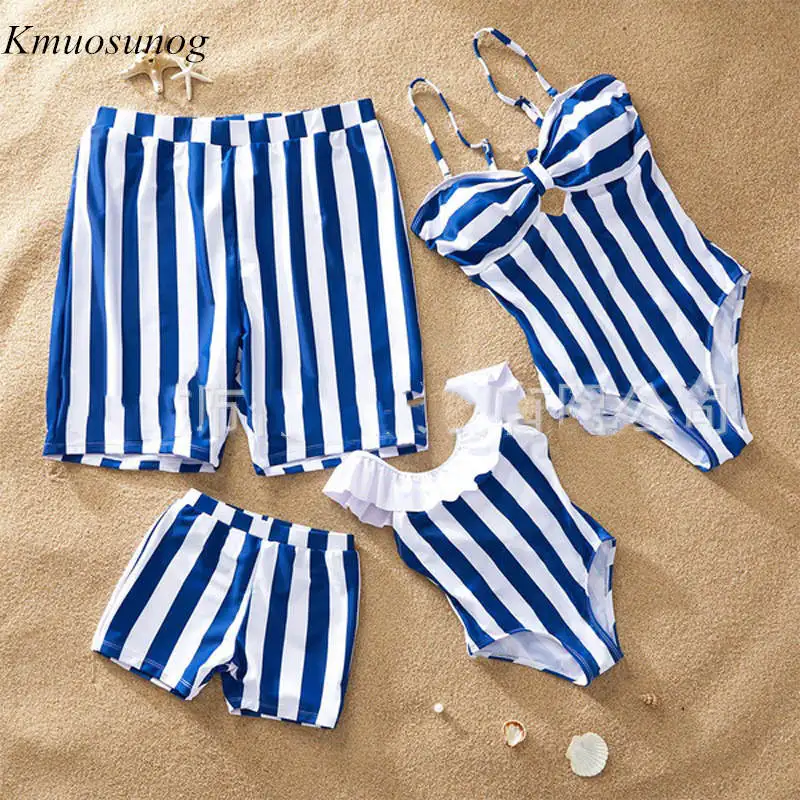 C0387 Blue Одинаковые купальники для всей семьи, летний купальный костюм в синюю полоску для мамы и дочки, купальные комплекты бикини, шорты для пляжа, для мужчин и мальчиков, C0387 - Цвет: C0387 Blue