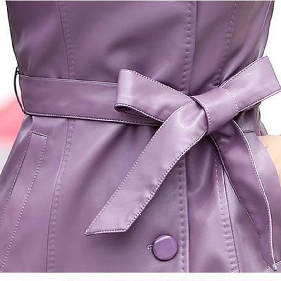 Для женщин длинные кожаные куртки с поясом 2018 весна новые женские Элегантные