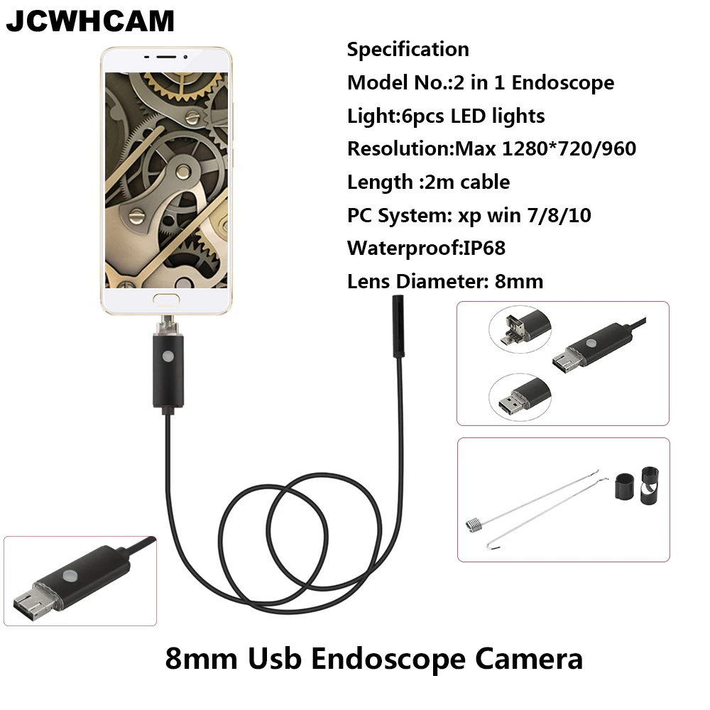 JCWHCAM HD 720P 2 в 1 USB Android эндоскоп 8 мм объектив 6 LED Водонепроницаемая бороскоп