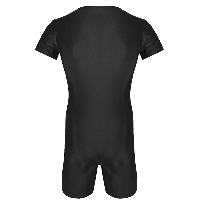 Newest Mens One-piece swimsuit Short Sleeve Front Zipper Boxer Briefs Bodysuit Leotard Underwear Male Swim Wear
