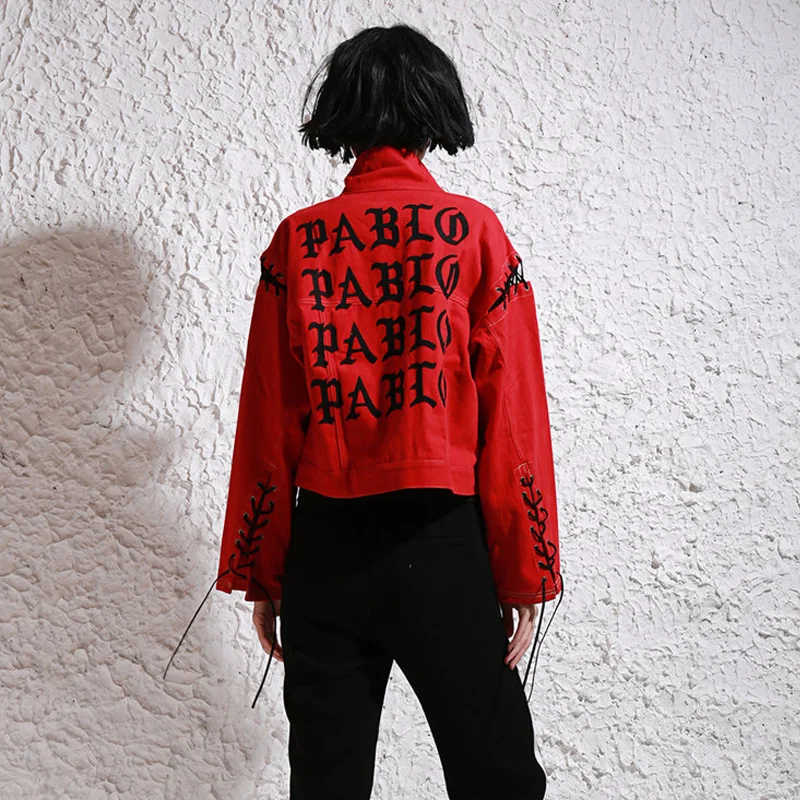 2018 Весна Harajuku принт PABLO Женская одежда Джинсовые куртки Красный tieback с длинным