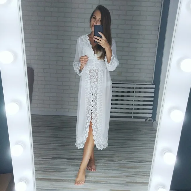 yomrzl new arrival summer sexy lace woman's robe, white lace chiffon sleepwear, princess nightgown L175