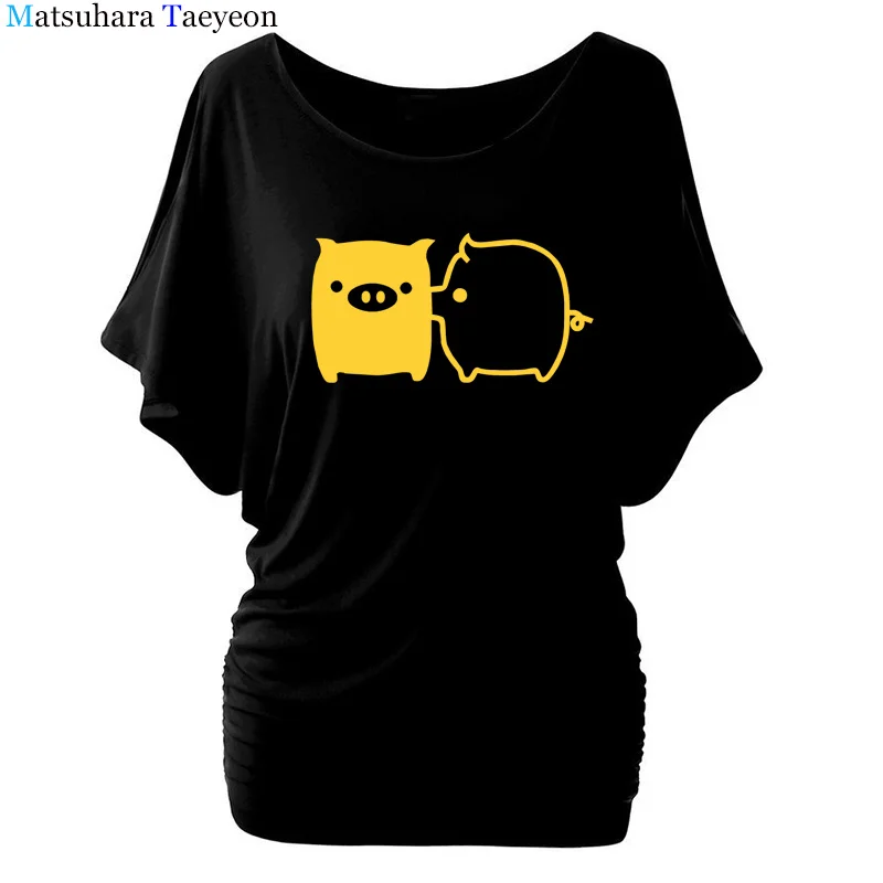 

batwing sleeve t shirt cotton print Cute Pig Couple womens T-shirt Summer funny shirt ladies top shirt Clothing TO01