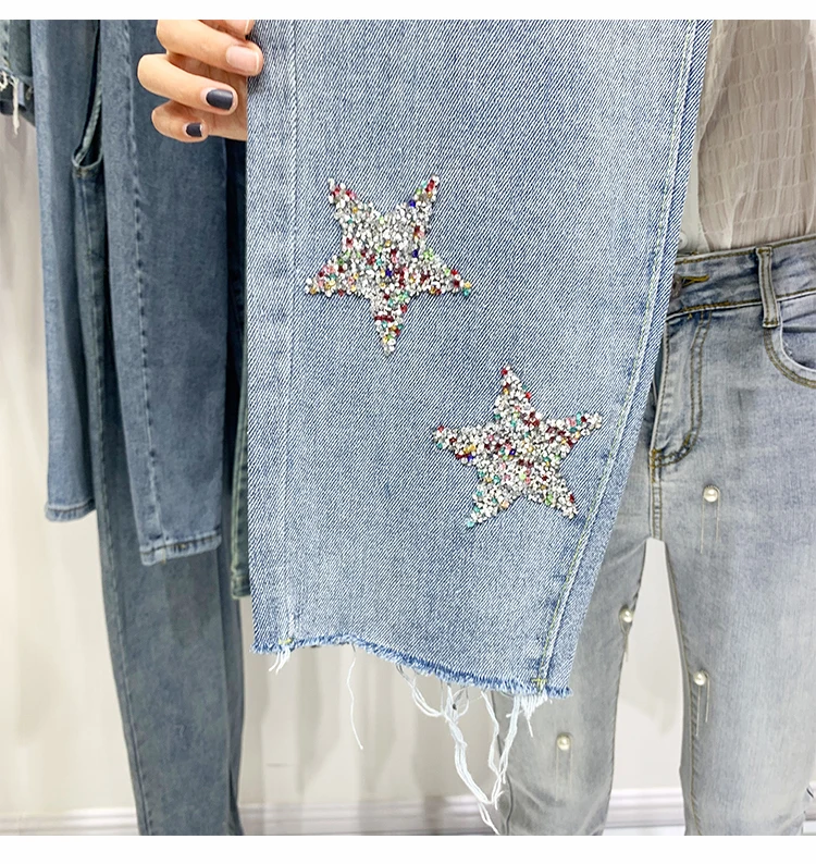 Женские джинсовые брюки с блестками модные со звездами в Корейском стиле