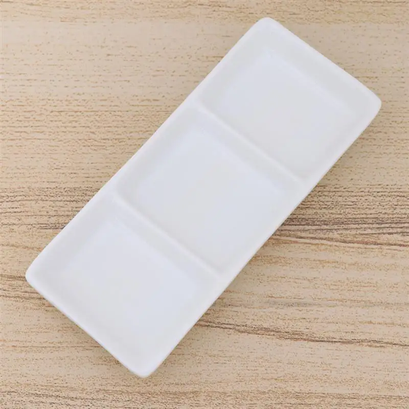 6 / 8.5 Inch Pure White Ceramic 3-Compartment Appetizer Serving Tray Rectangular Divided Sauce Dishes for Spice Dish Soy Sauce