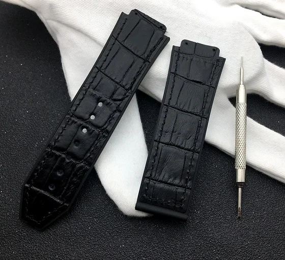black blk line Роскошный бренд 25 мм* 19 мм кожаный резиновый силиконовый ремешок для часов Бабочка Пряжка для Hublot ремень для Big Bang ремень классический логотип fusion - Цвет ремешка: black blk line