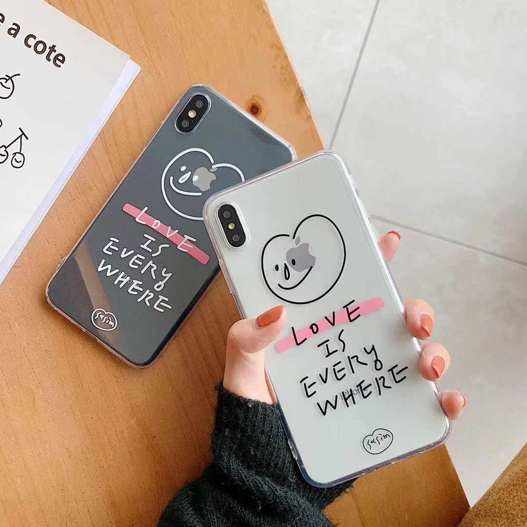 INS корейский прозрачный английский чехол для телефона со смайликом для iphone Xs MAX XR X, Мягкий ТПУ для iphone 6, 6s, 7, 8 plus, простой чехол для пары