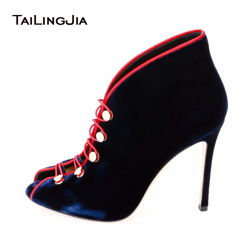 Женские ботинки на высоком каблуке синие бархатные с открытым носком черные