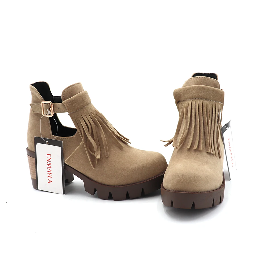 ENMAYLA Fashion Autumn Cut Out Shoes Woman Tassel Close Toe Buckle Ankle Boots for Women Faux Suede Round Black | Обувь