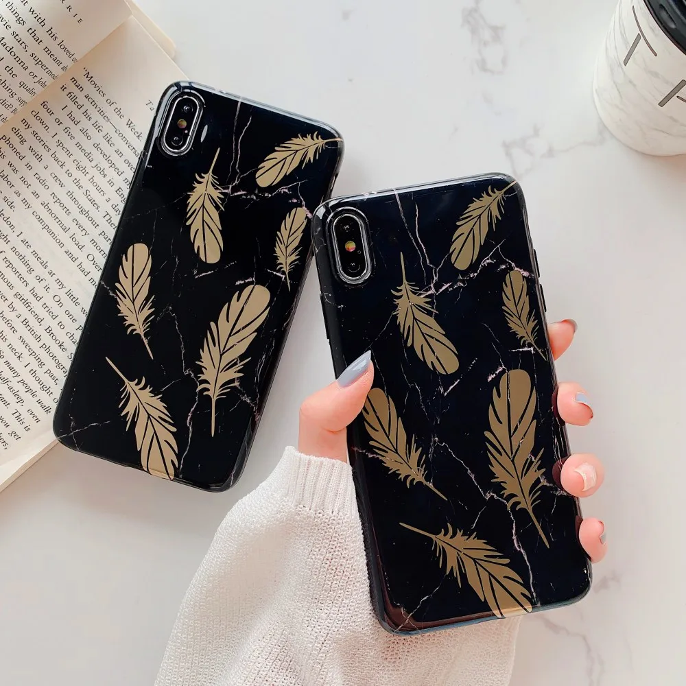 Черный чехол с бронзовым пером для iphone 7 XR 6S 8 Plus X мраморный Мягкий силиконовый iPhone