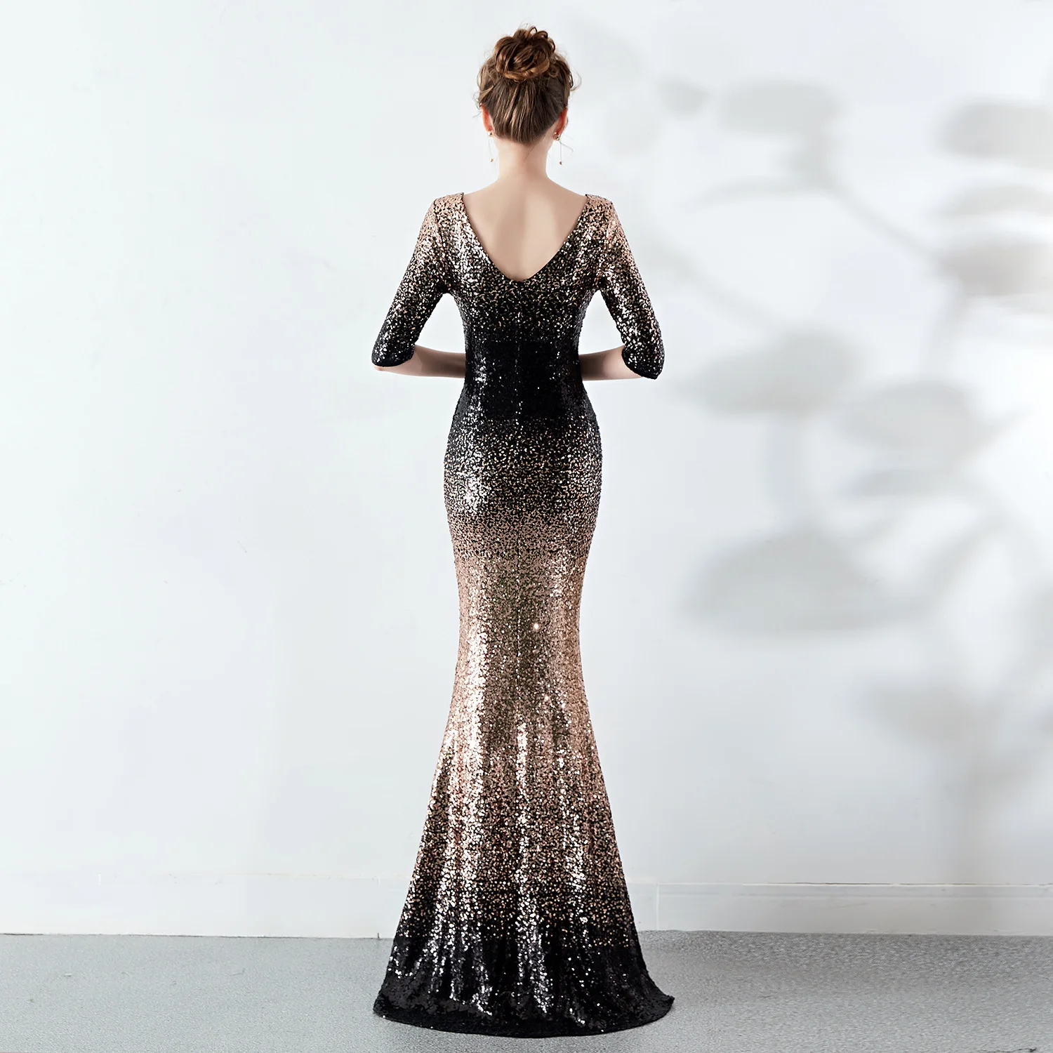 Черное и Золотое платье с блестками v образным вырезом рукавом до локтя Роскошные