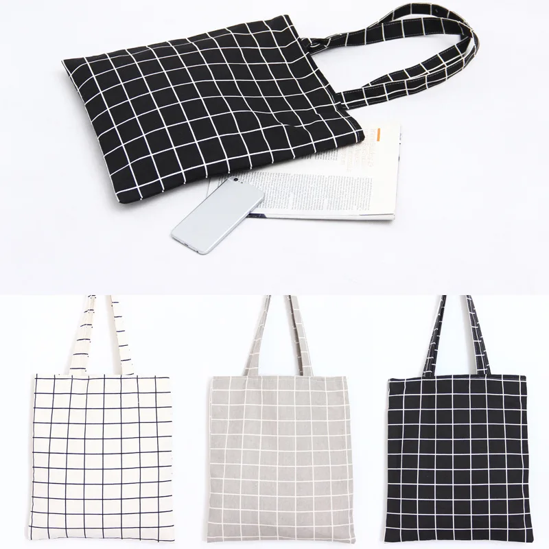 

Plaid Travel Cotton Linen Canvas Bag Reusable Cloth Shopping Bags Tote Foldable Beach Casual Handbag For Women Student