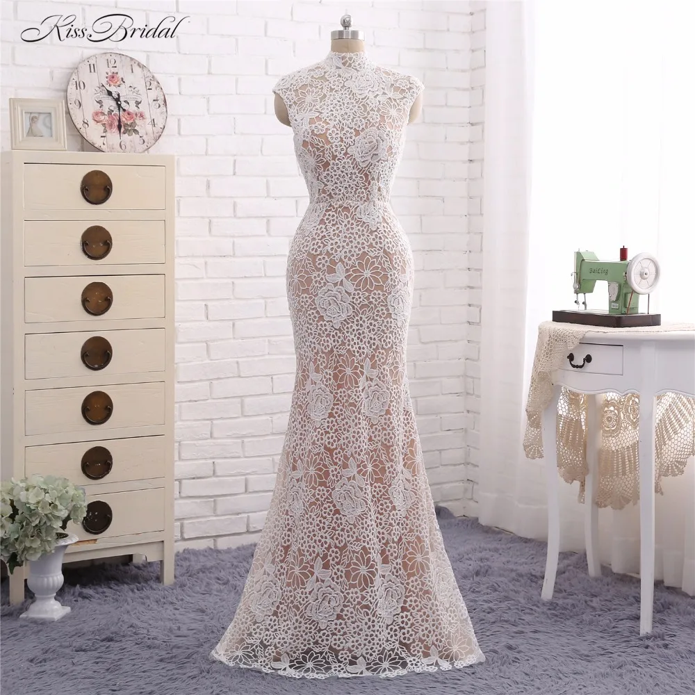 

Кружевные свадебные платья русалки с юбкой Vestido de Noiva 2017, свадебное платье с высоким вырезом и коротким рукавом, с вырезом на спине
