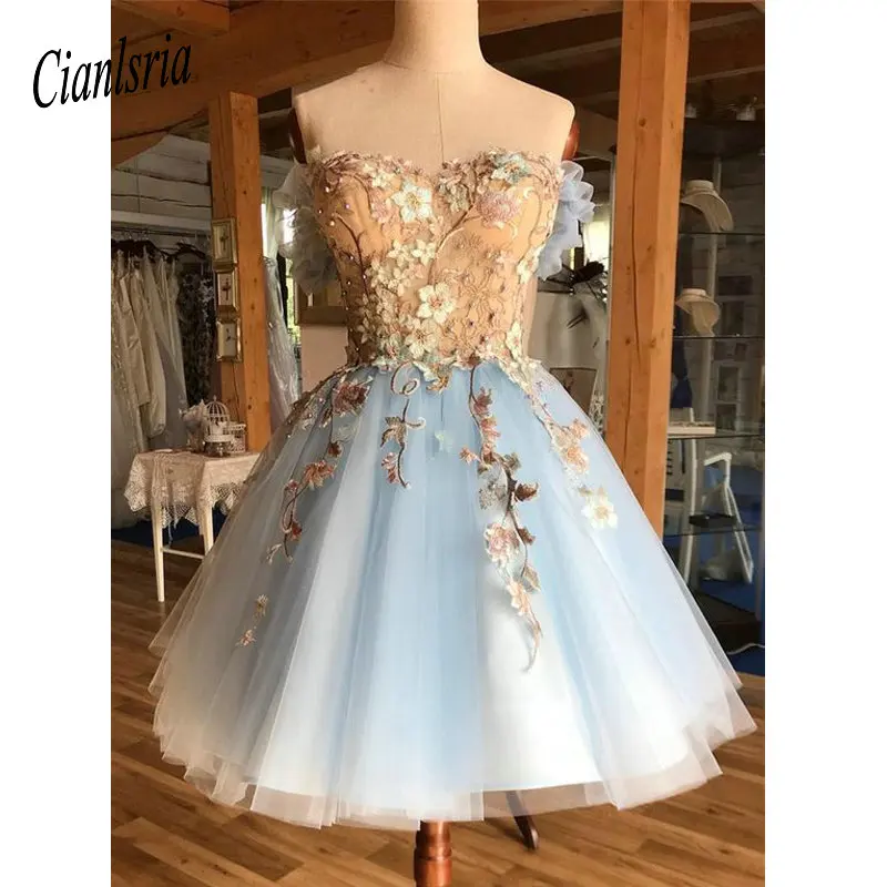 same as pic A-Line Off-the-Shoulder выше колена светильник синий выпускной вечер платье с аппликациями - Цвет: same as pic