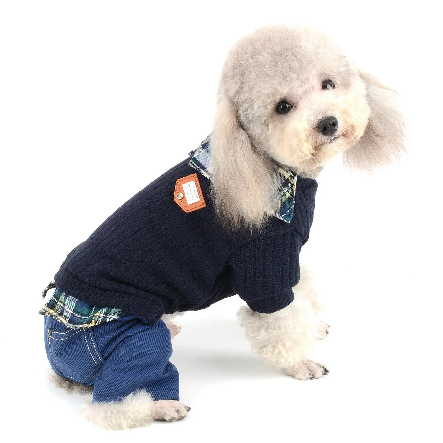 Small Dog Sweater with Plaid Shirt Collar Warm Outfits Student Style Pet Jumper Pants Puppy Knitwear for Autumn Winter |