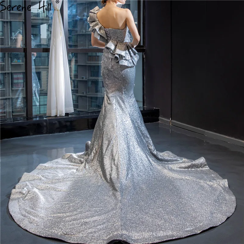 Серебристо серый блестящий дизайн юбки годе на одно плечо Свадебные платья 2020