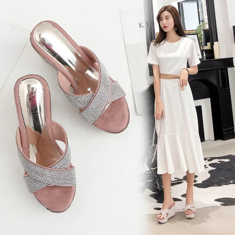 Поперечная полоса открытый носок Кристальные клинья сандалии женские римские на