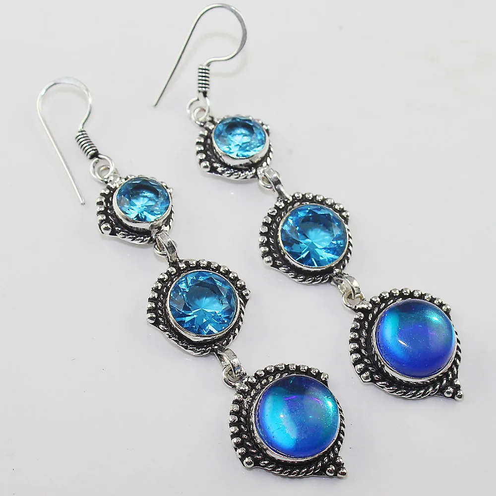 

Blue Topas & Rainbow Topas Earrings Silver Overlay over Copper , 80 mm, E1045