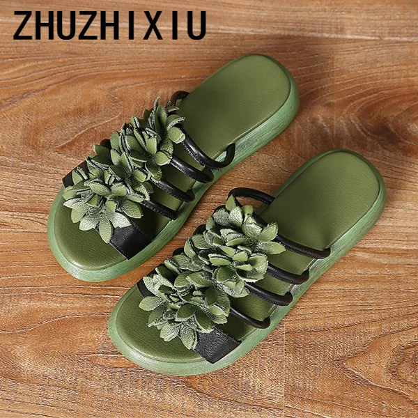 ZHUZHIXIU/Лидер продаж г. Летние новые стильные женские тапочки из натуральной кожи Тапочки с цветочным принтом и женские шлепанцы на толстой подошве